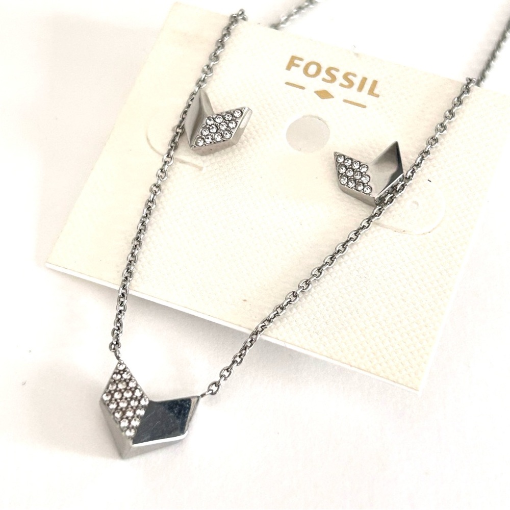 Fossil Earrings & Necklace Set Silver Arrows with Multiple Crystals Vintage